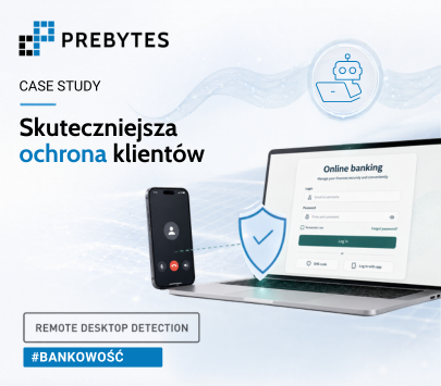 Grafika okładkowa o ochronie klientów bankowości przed zdalnym dostępem, z laptopem i telefonem.