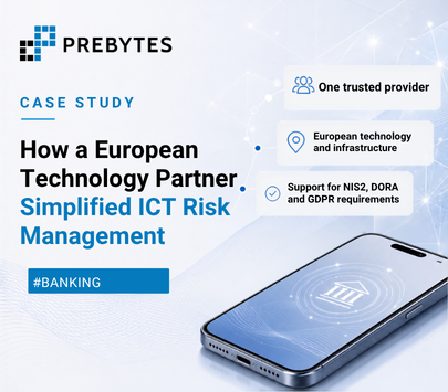 Grafika okładkowa case study PREBYTES o wyborze polskiego dostawcy i zarządzaniu ryzykiem ICT.