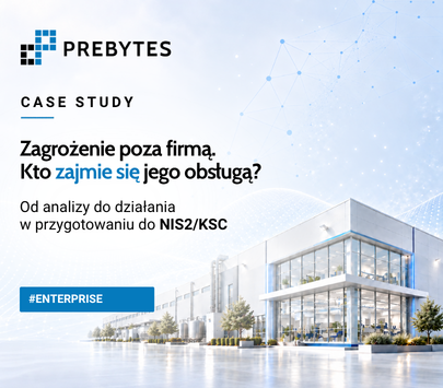 Grafika okładkowa case study PREBYTES przedstawiająca nowoczesny zakład produkcyjny. Hasło: „Zagrożenie poza firmą. Kto zajmie się jego obsługą?”