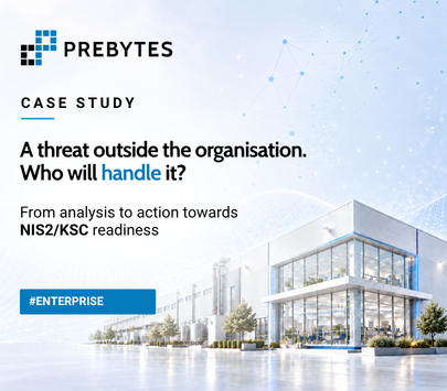 PREBYTES case study cover image featuring a modern manufacturing facility. Headline: “A threat outside the company. Who will handle it?”