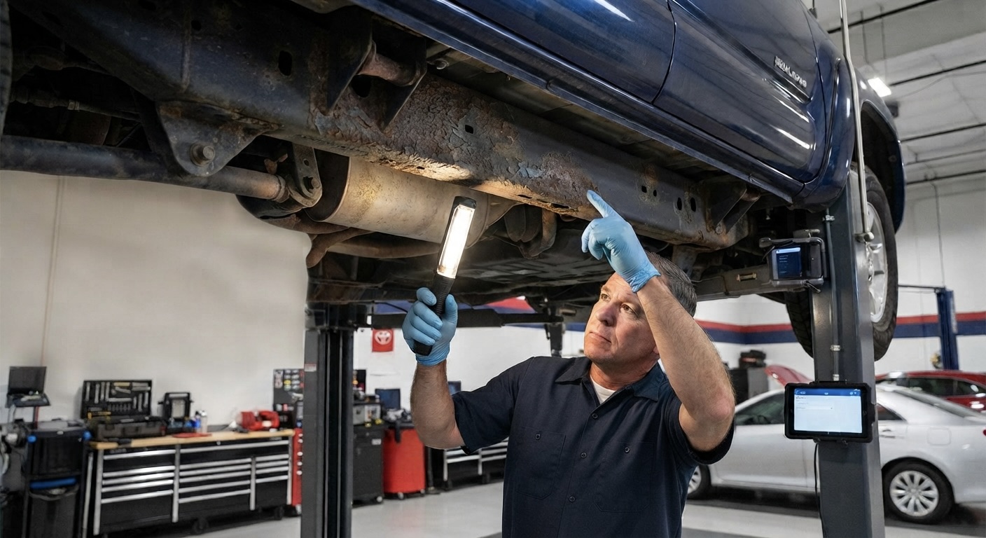 A mechanic wearing a plain navy blue work shirt examines the rusty undercarriage of a raised blue pickup truck in a brightly lit automotive repair shop. He holds a bright LED work light in one blue-gloved hand and points upward at the corroded frame with his other gloved hand. The shop floor is well-equipped with toolboxes, diagnostic equipment, and other vehicles parked in the background.