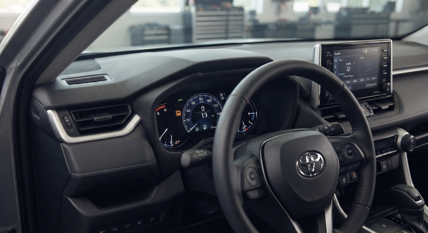 A close-up interior view of a modern Toyota vehicle's dashboard, featuring a black steering wheel with the Toyota logo, a digital instrument cluster with an illuminated check engine light on the display, air vents, and an infotainment touchscreen mounted on the center console.