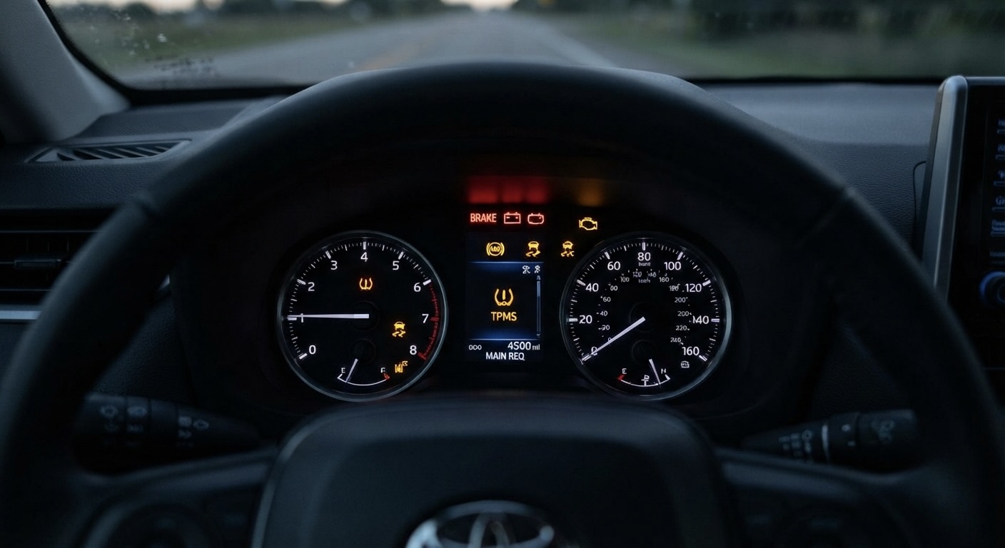 A car's dimly lit instrument panel viewed through the steering wheel. The central screen shows numerous illuminated red and yellow warning lights, including "TPMS," a tire icon, "BRAKE," the battery, check engine, and traction control. Analog gauges are at zero, and a blurred road is visible through the windshield.