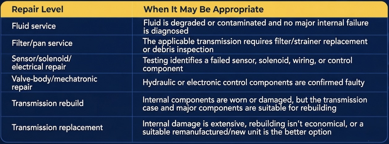 Repair Level table outlining transmission maintenance options from fluid service to complete replacement, along with the conditions when each is appropriate.