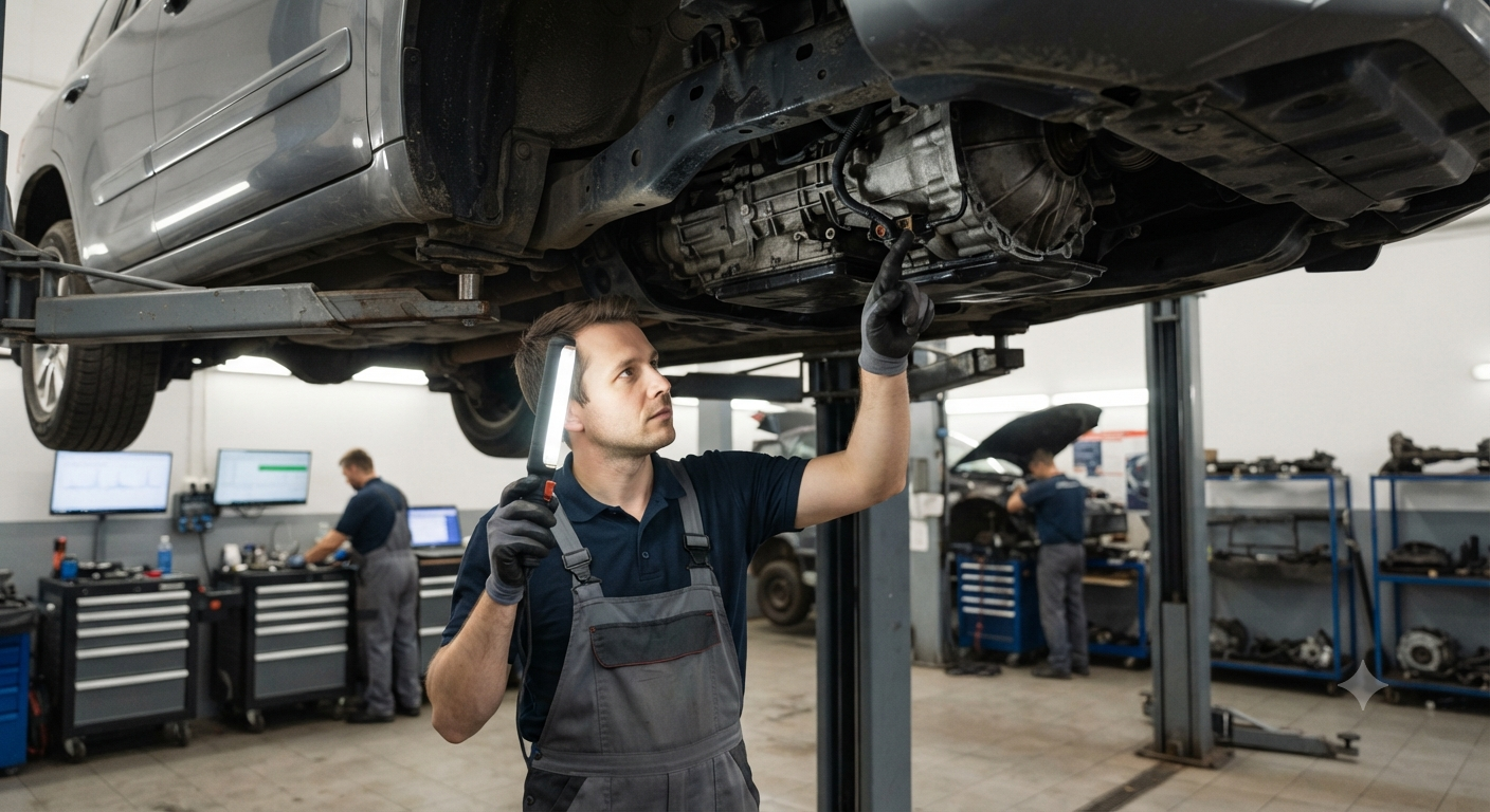 A professional mechanic inspecting the undercarriage and transmission of a vehicle raised on a hydraulic lift in a busy auto repair shop.