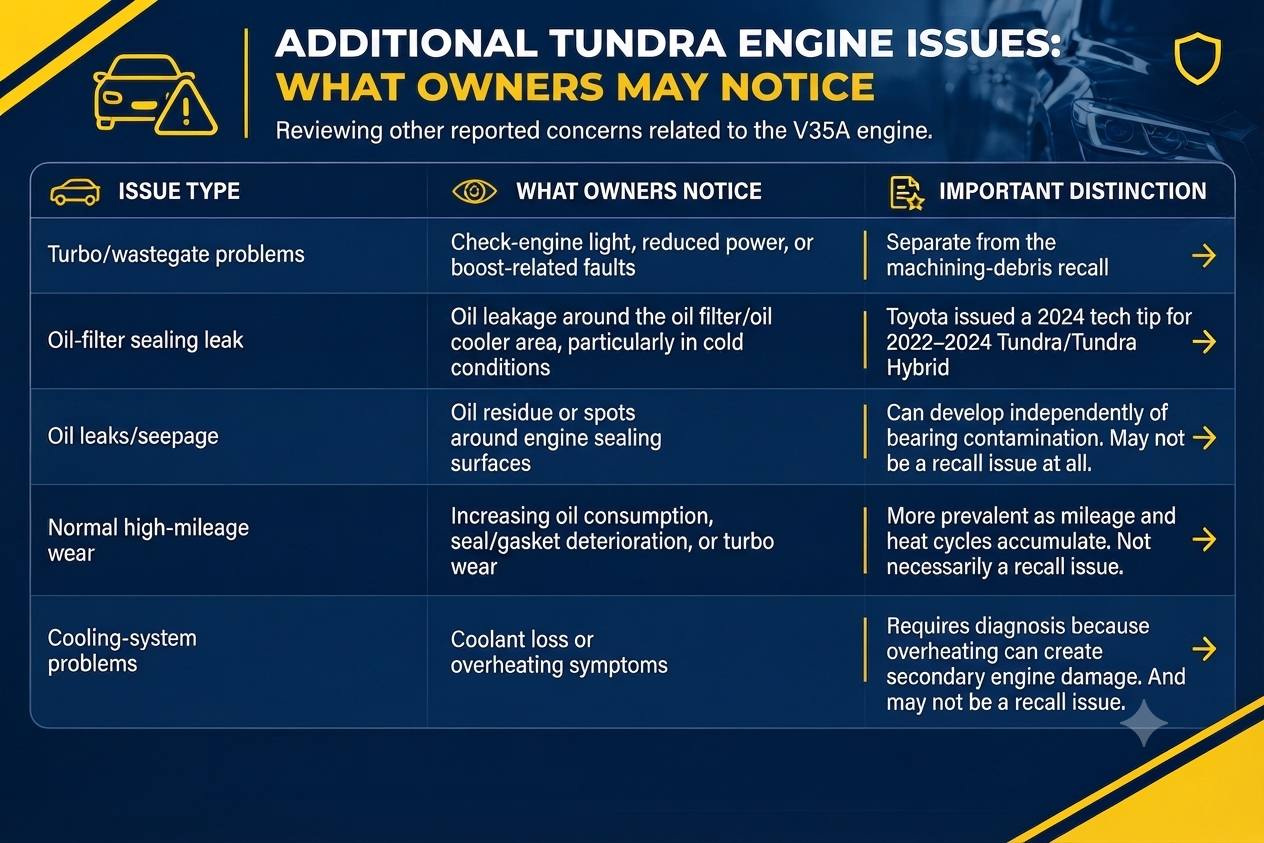 Infographic titled "Additional Tundra Engine Issues: What Owners May Notice," formatted as a dark blue table with yellow accents. It lists five distinct engine concerns—Turbo/wastegate problems, Oil-filter sealing leak, Oil leaks/seepage, Normal high-mileage wear, and Cooling-system problems—alongside what owners may notice and important distinctions for each.