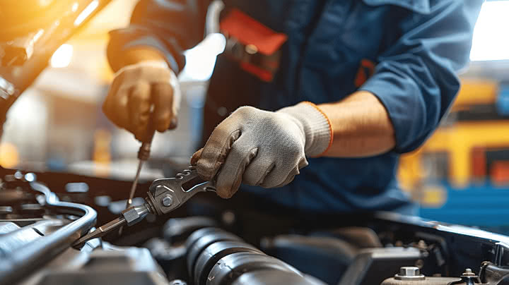 An auto mechanic wearing gloves working on a car engine in a garage repair service.