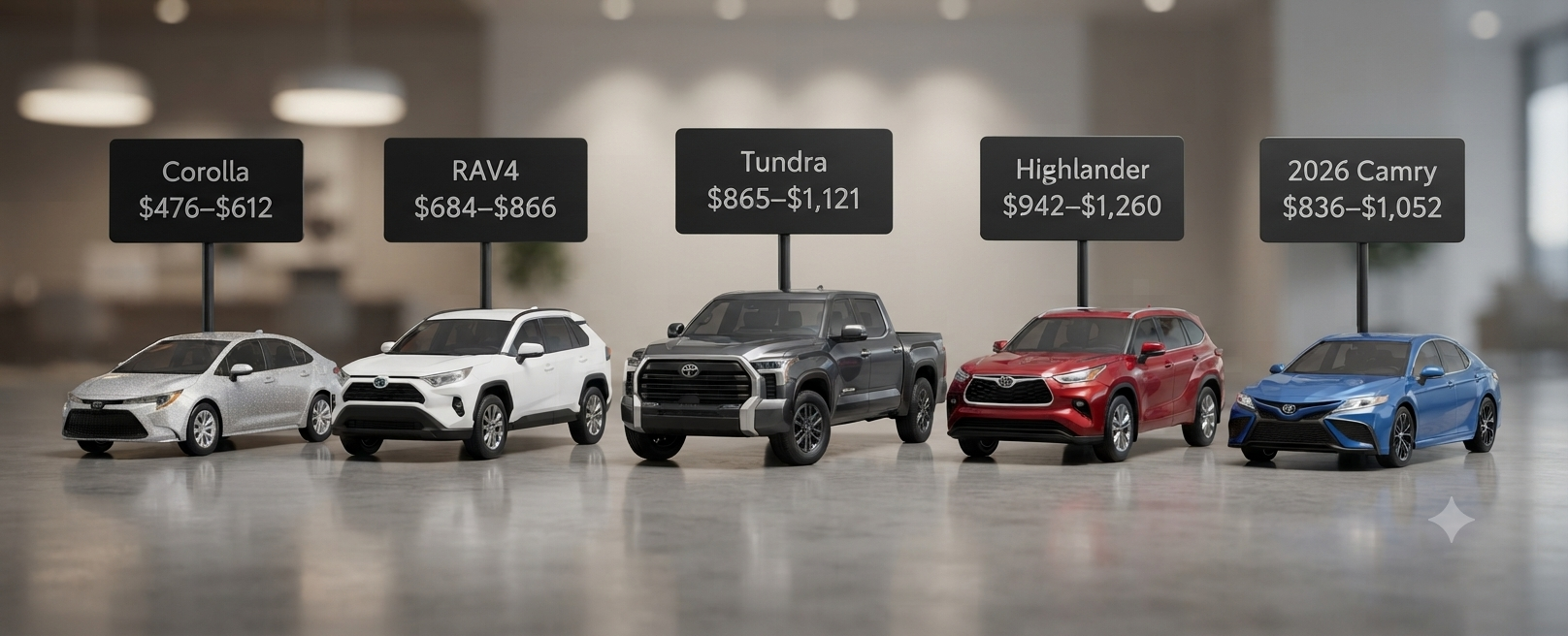 A showroom display featuring five Toyota models—a silver Corolla ($476–$612), a white RAV4 ($684–$866), a grey Tundra ($865–$1,121), a red Highlander ($942–$1,260), and a blue 2026 Camry ($836–$1,052)—each with a corresponding price sign overhead.