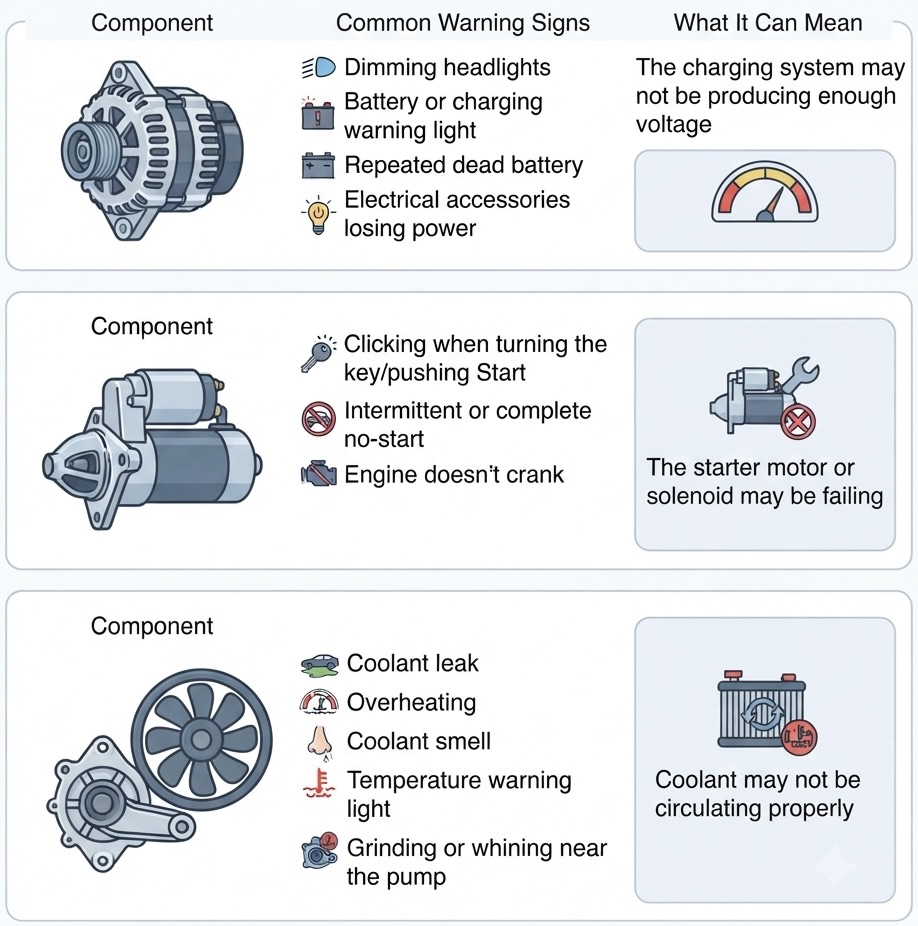 Infographic detailing common vehicle component issues, including the alternator, starter, and water pump, along with their warning signs and meanings.