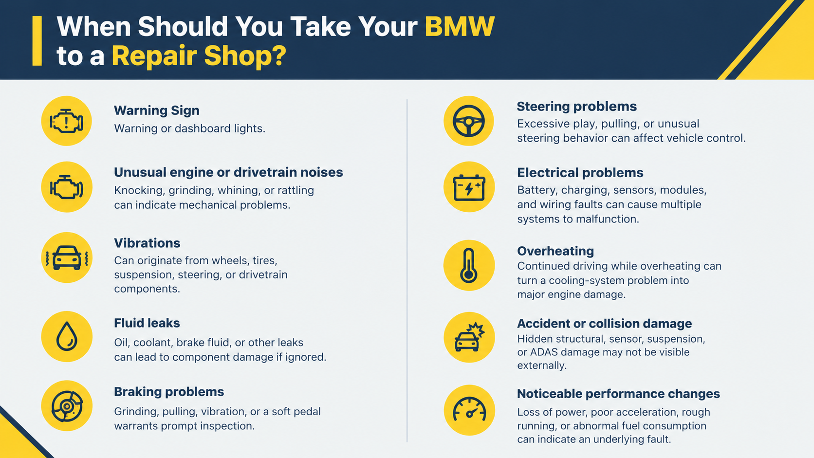 BMW repair warning signs infographic.