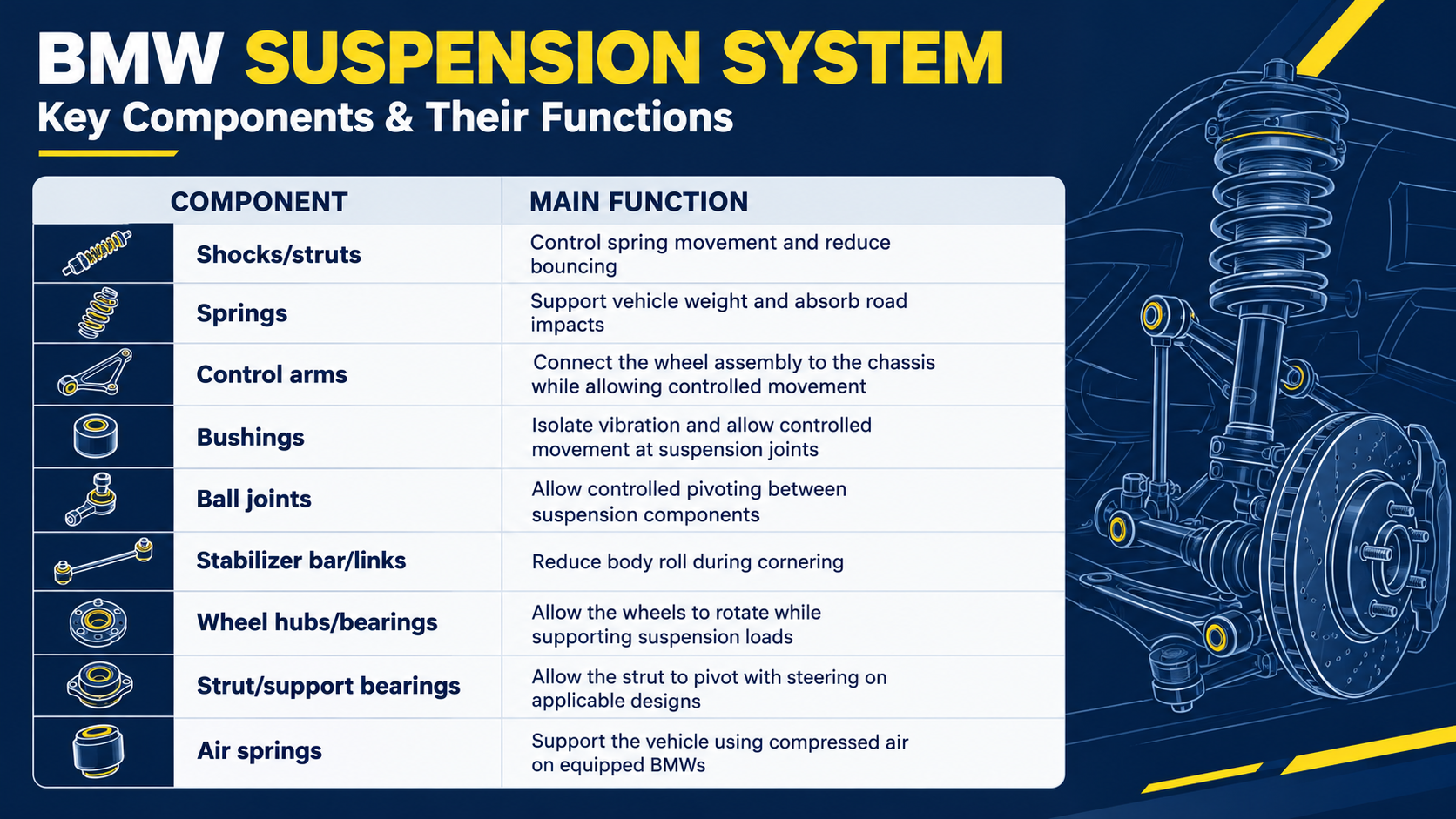 BMW suspension system components and their functions.