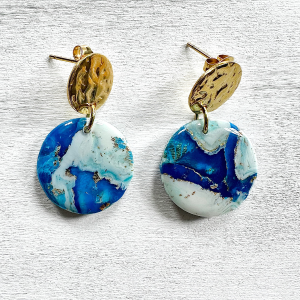 Blue Lagoon Circle Hammered Gold Earrings