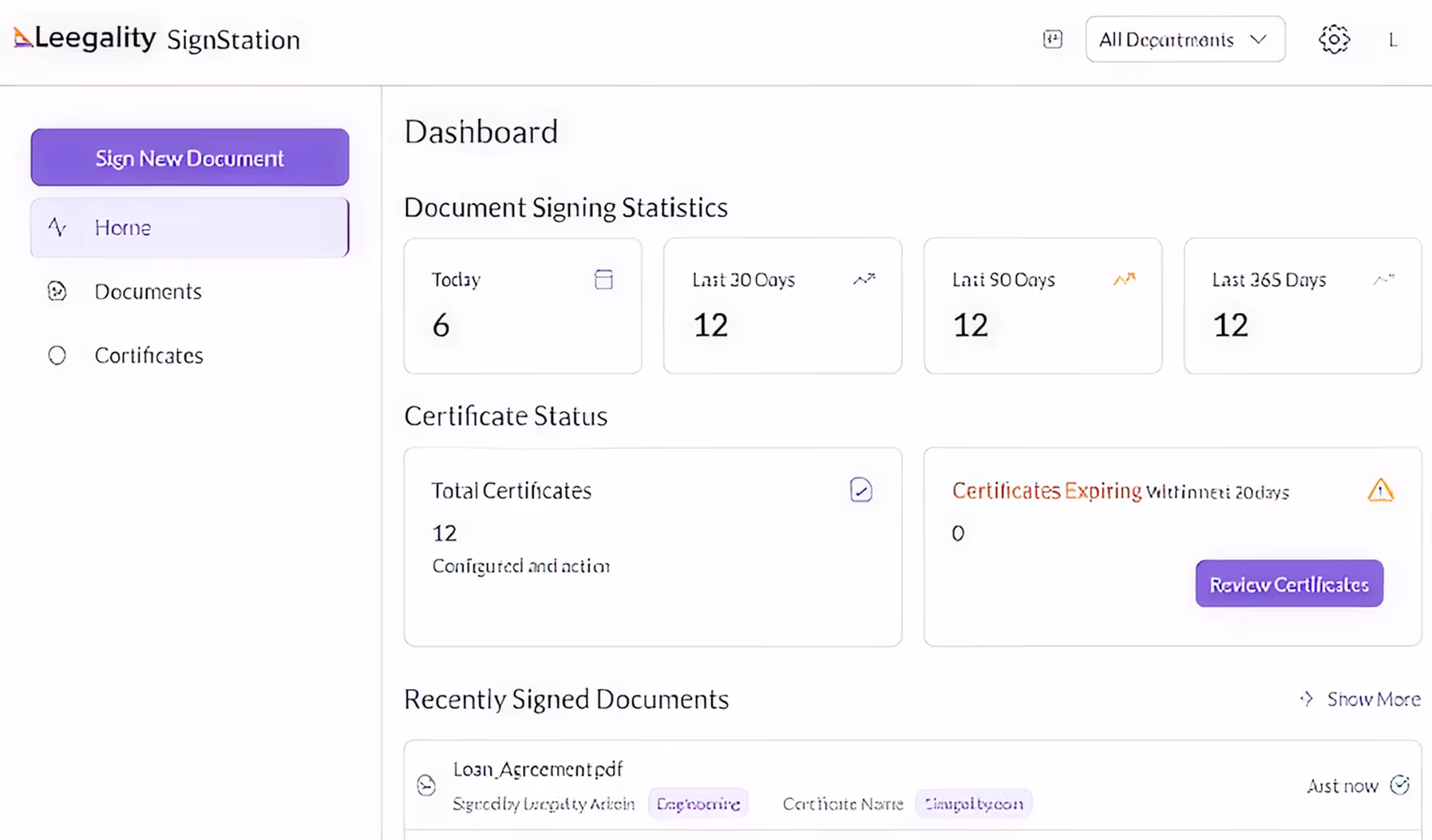 Signstation dashboard via Leegality