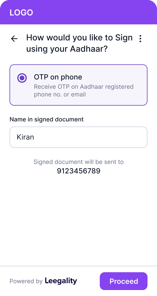 Aadhaar esign screen