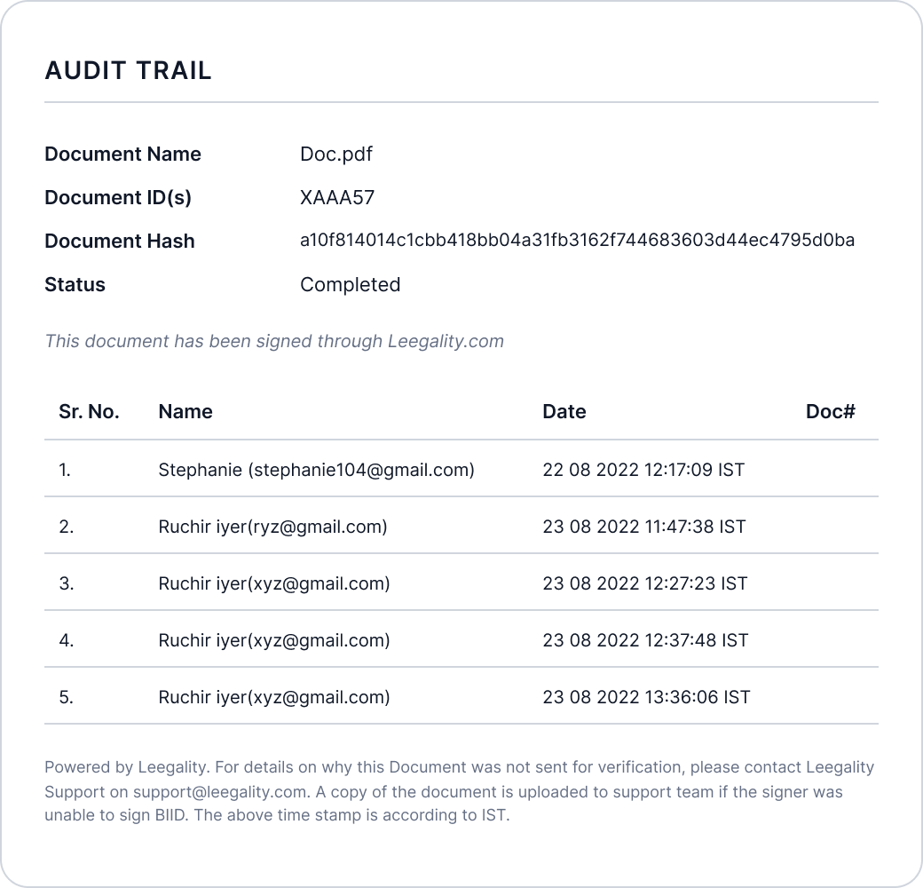 WhatsApp chat from Leegality Business Account sharing two PDF files: Loan Agreement_signed and Audit Trail, both confirming completed eSigned Loan Agreement documents.