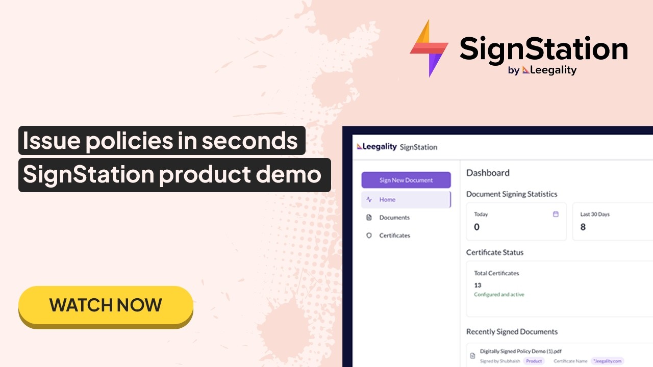 SignStation by Leegality dashboard showing document signing stats and certificate status with watch now button.
