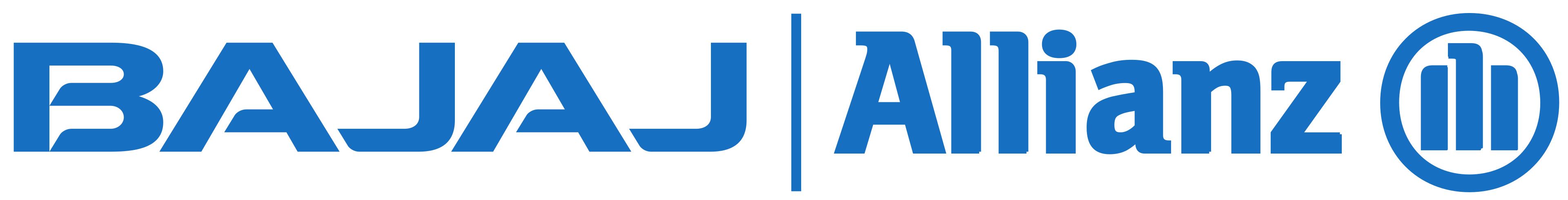 Bajaj Allianz insurance company logo with blue text and an emblem on a white background.