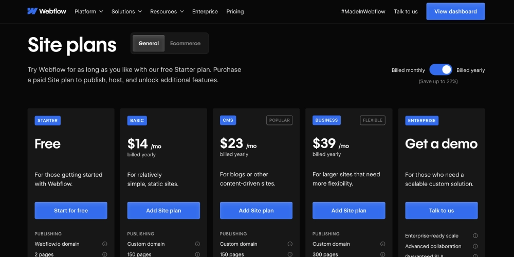 A screenshot of site plans available for Webflow