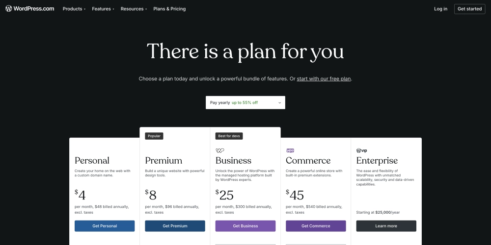 A screenshot of the Wordpress pricing page