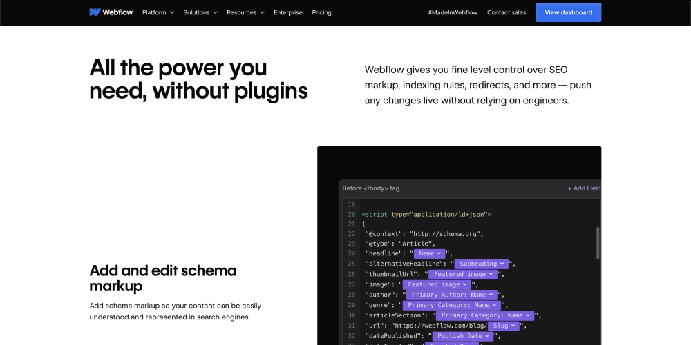 A screenshot from the SEO section on Webflow's website