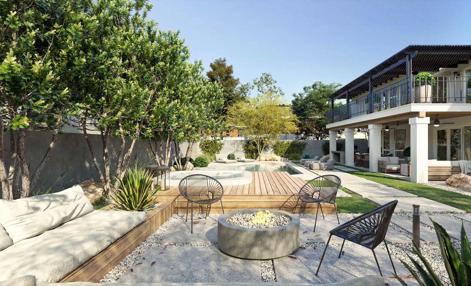 Modern backyard with a built-in cushioned wooden bench, fire pit surrounded by three black wire chairs, wooden deck, pool, and two-story house with balcony.