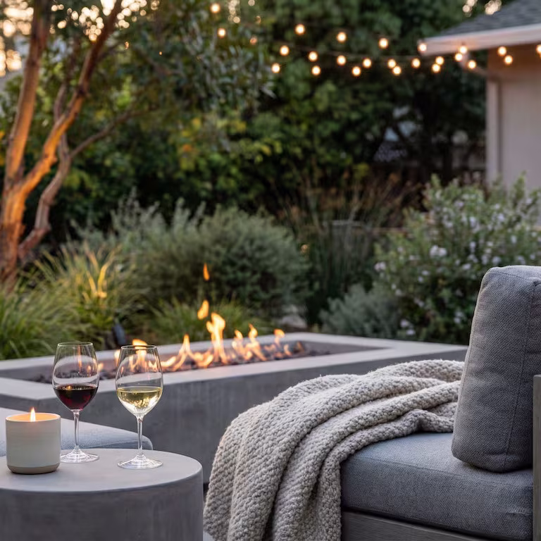 Modern coastal landscape design for beach house featuring tropical palm trees, sandy pathway, ornamental grasses, wooden deck, and contemporary oceanfront landscaping