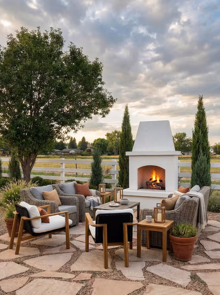 Outdoor patio seating area with wicker and wooden chairs, a central table, potted plants, and a lit white fireplace under a cloudy sky.