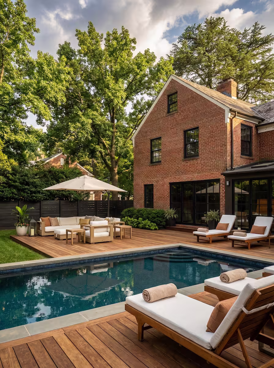 Backyard with a swimming pool, wooden deck, lounge chairs with towels, cushioned seating under an umbrella, and a brick house surrounded by tall trees.