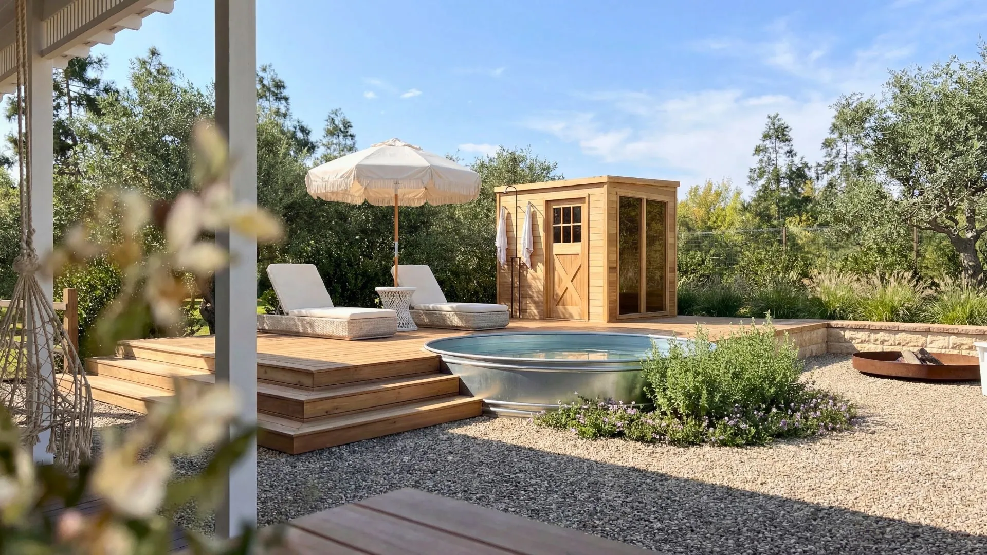 Backyard deck with two lounge chairs under a white umbrella next to a wooden sauna and a circular metal hot tub surrounded by gravel and greenery.