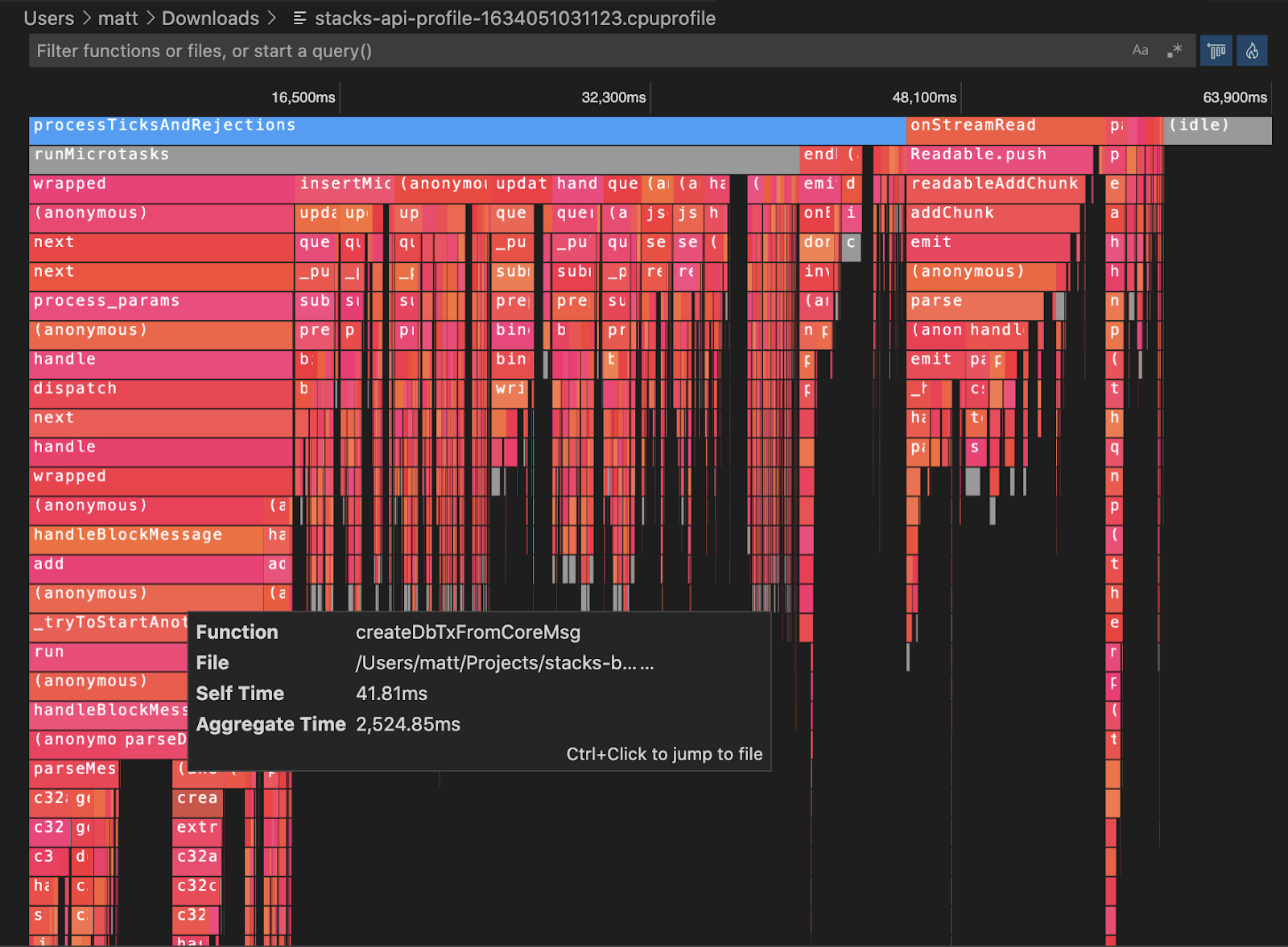 A flame graph for the Stacks API