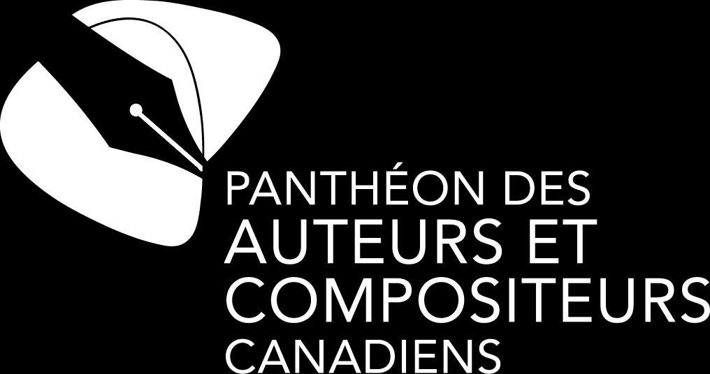 White stylized fountain pen nib over a circular shape next to text 'Panthéon des Auteurs et Compositeurs Canadiens' on black background.