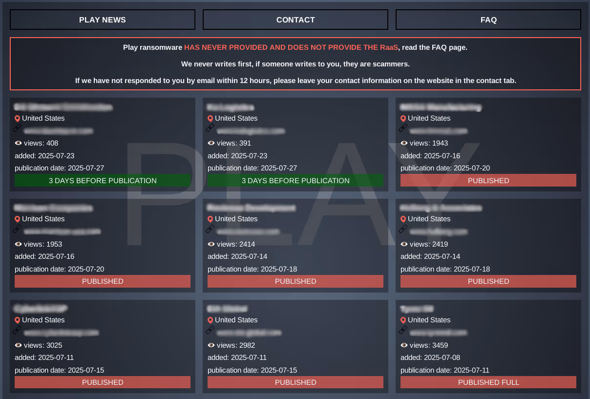 Image showing the date leak website for Play Ransomware.