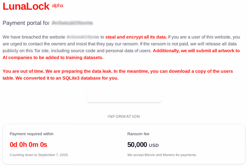 LunaLock data leak site image.