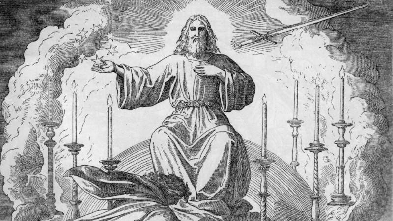 The Lord on His throne while John the disciple is bowing down