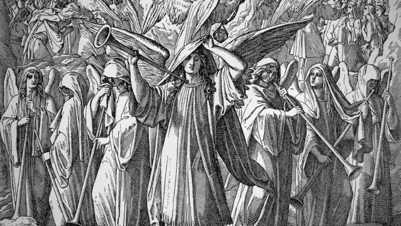 An angel blowing a trumpet amongst other angels