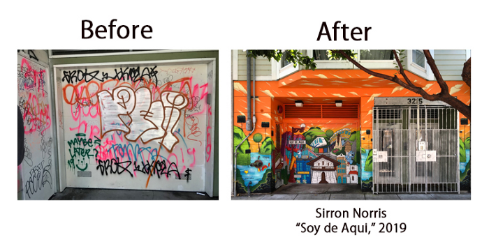 Before and after picture showing transformation of vandalized wall