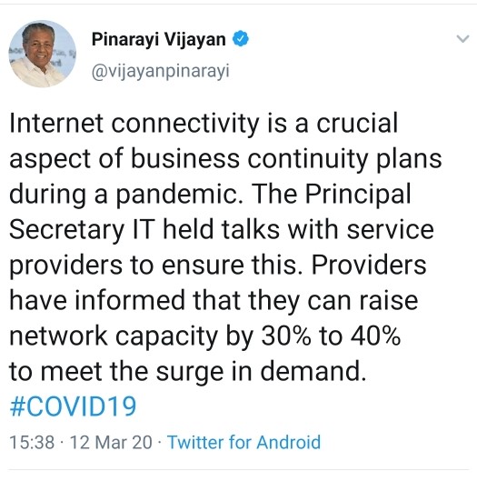 Kerala State Tweet — COVID-19: Flatten the curve now!