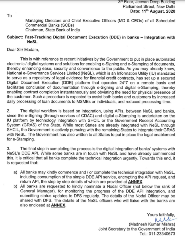 Is Digital Stamping legal in India? - Notification from the Ministry of Finance to all scheduled commercial banks on NeSL integration
