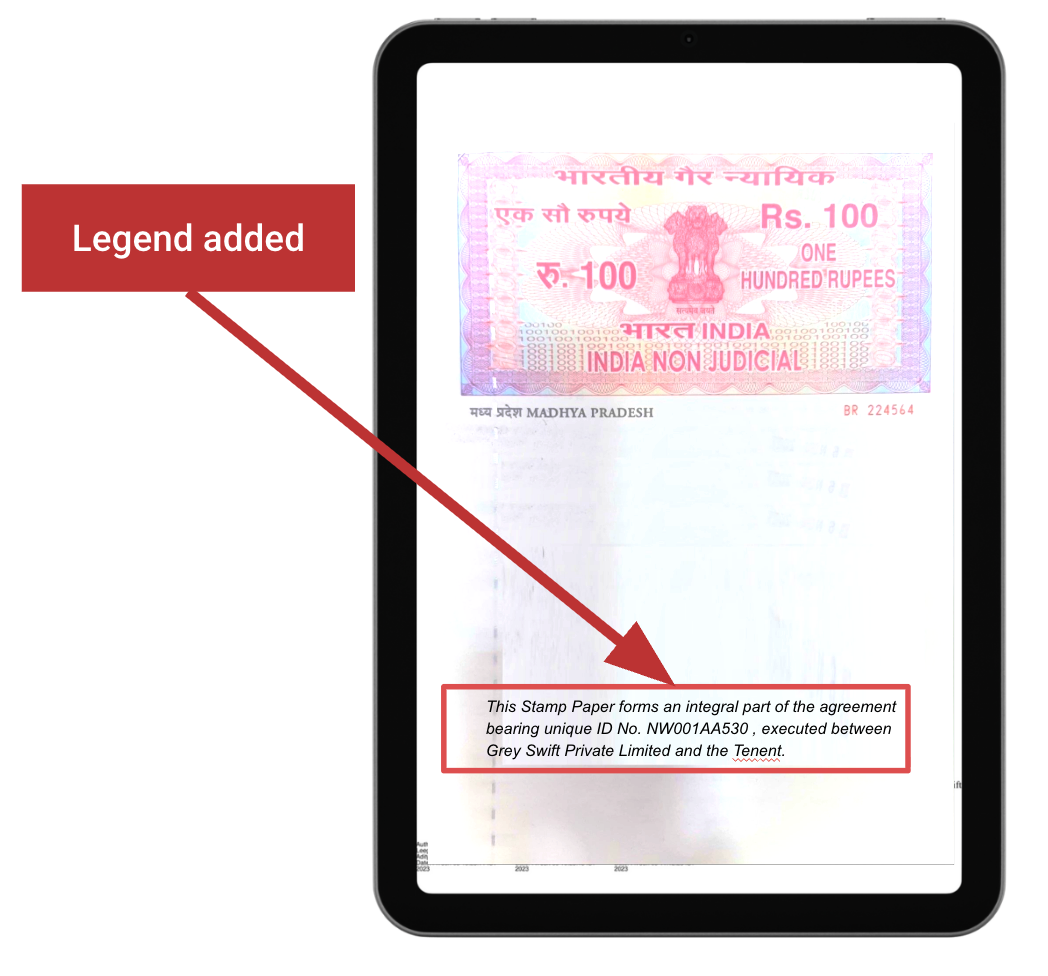 Digital stamp paper with a legend added - descriptive text naming the document's unique ID and the parties, defacing the stamp
