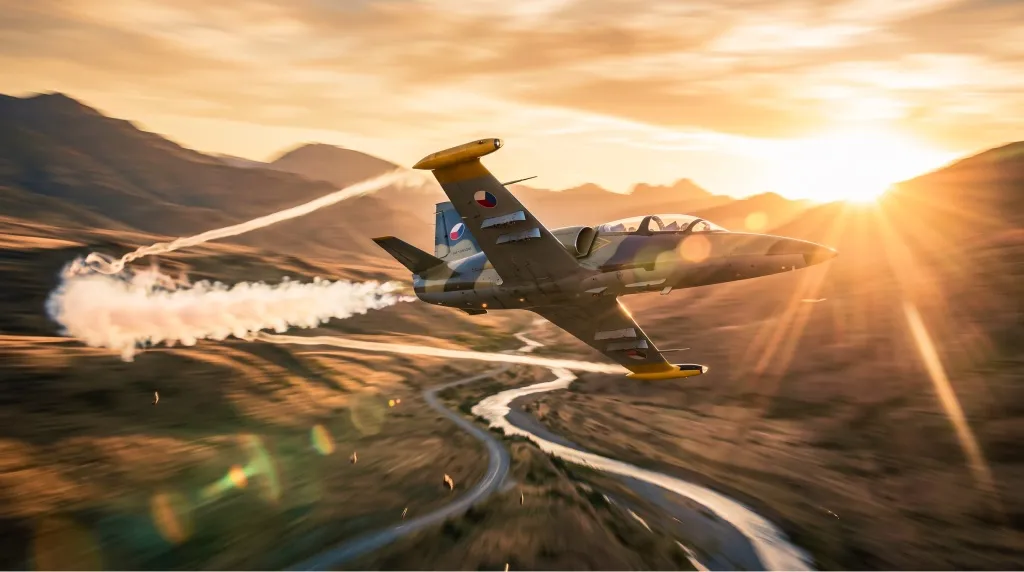 Jet trailing smoke over a mountain valley at sunset