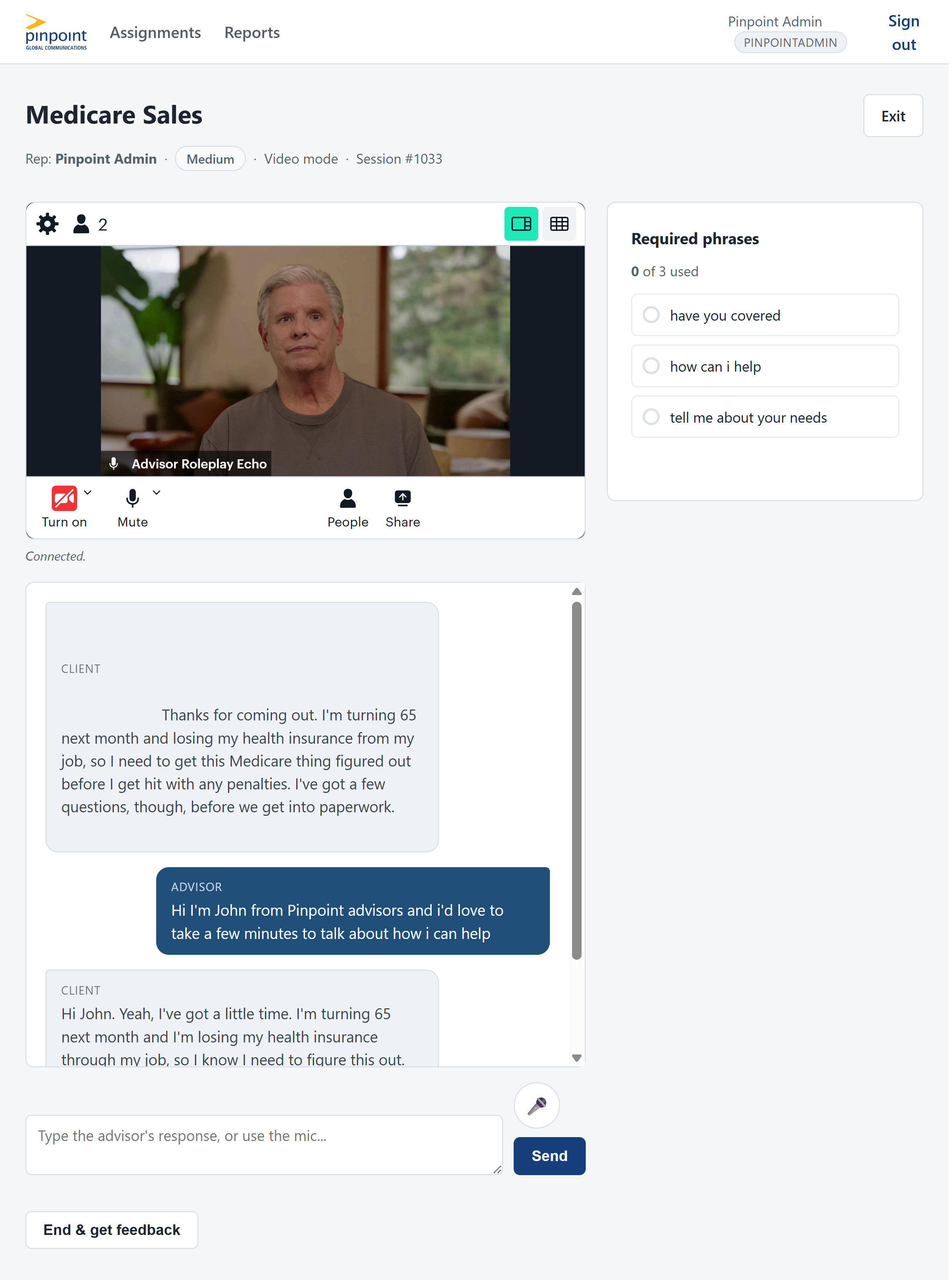 Advisor Roleplay Studio live session: a Medicare Sales roleplay in progress, with the client's video, the chat transcript, and the required-phrase tracker showing 0 of 3 used.