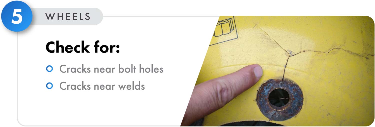 Check your combine's wheels for cracks near the bolt holes and welds.