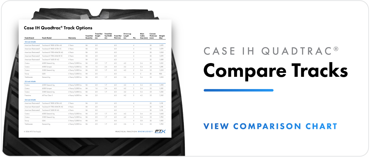 Compare Camso, Continental, Soucy, and Yieldmaster track specs for Case IH Quadtrac tractors.