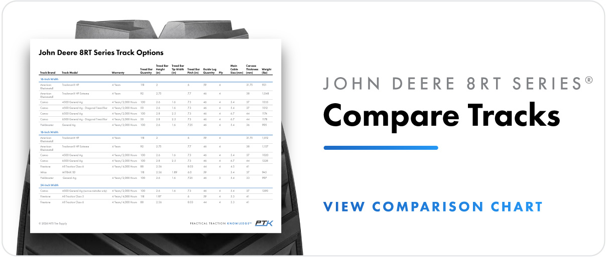 Compare track options for John Deere 8RT series tractors.