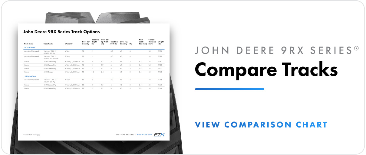 Compare track options for John Deere 9RX series tractors.