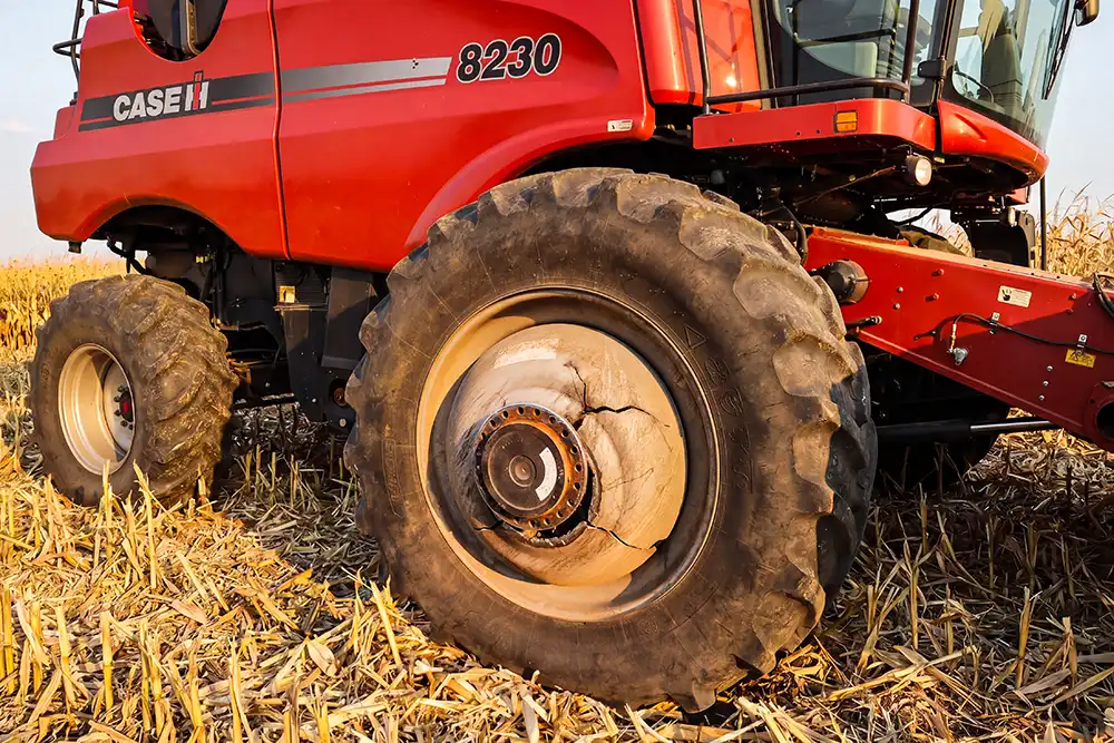 Case IH combine with cracked dolly dual