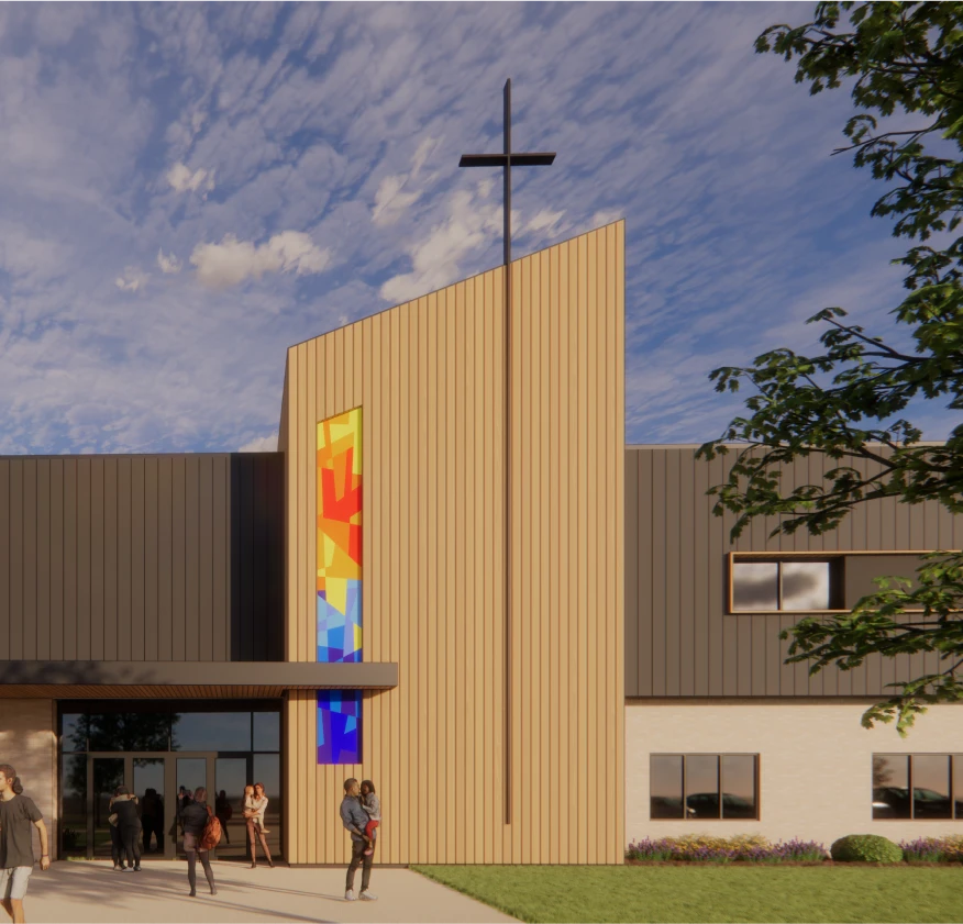 A modern church building featuring a wooden facade, colorful stained glass, and a prominent cross against a sunny sky.