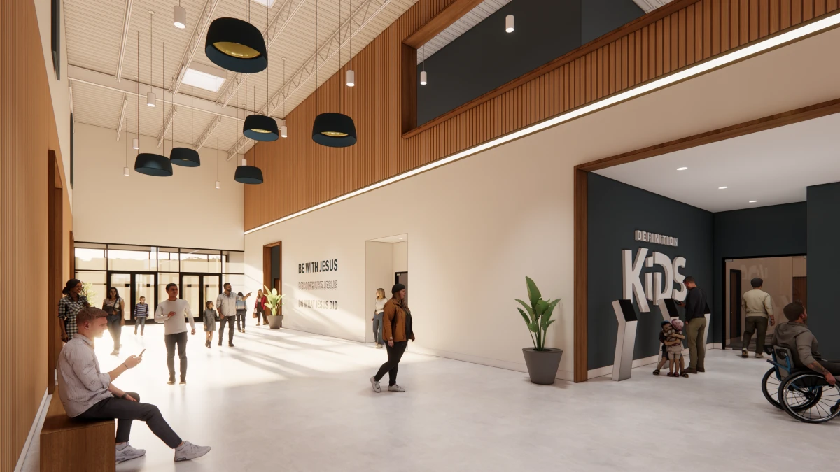 A spacious, bright hallway with modern decor, featuring hanging lights, wooden accents, and a visible children's area entrance.