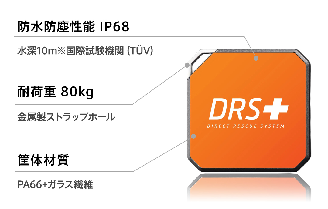 防水防塵性能 IP68：水深10m※国際試験機関（TUV）、筐体材質：PA66+ガラス繊維、耐荷重 80kg：ストラップホールを無垢のアルミで鋳造