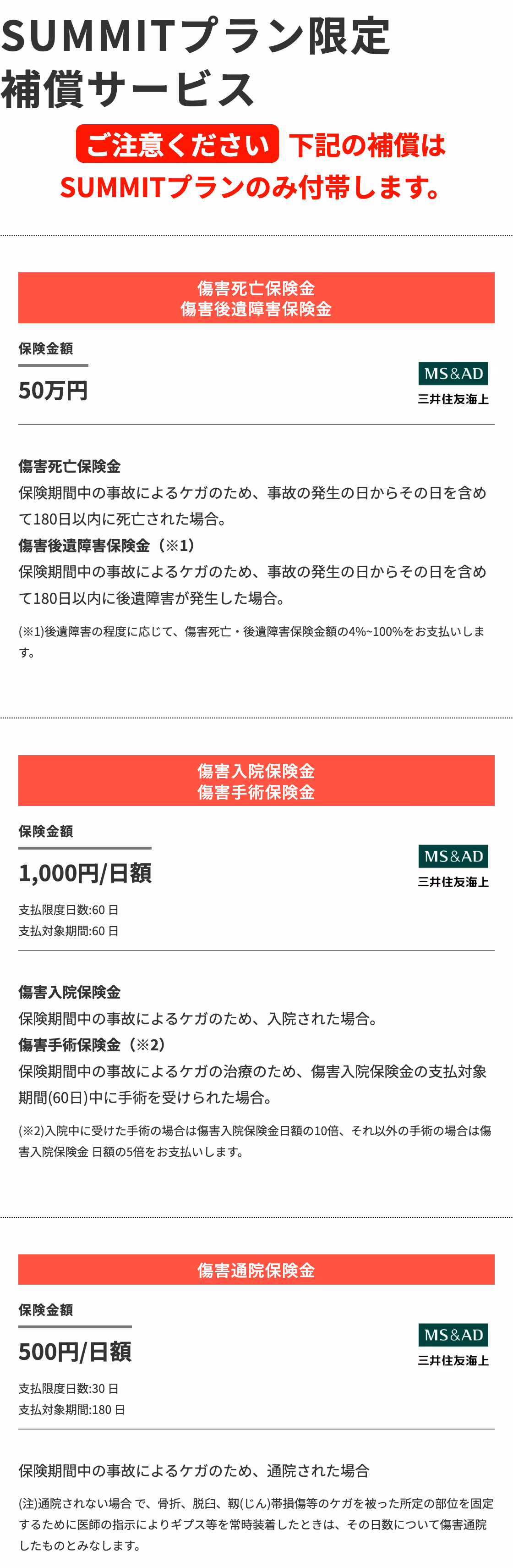 SUMMITプラン限定補償サービス（※本補償はSUMMITプランのみ付帯します。）：傷害死亡保険金・傷害後遺障害保険金 50万円、傷害入院保険金・傷害手術保険金 1,000円/日額、 傷害通院保険金 500円/日額
